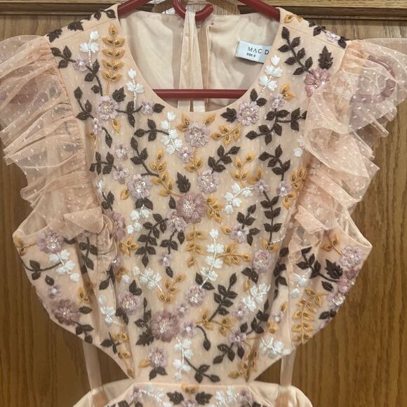 Mac Duggal Floral Embroidered Tulle Gown Sz 6 Peach Pink Tiered Maxi Dress - Picture 5 of 13